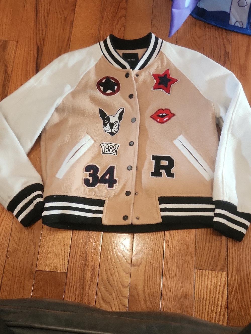Forever 21 Beige and White Varsity Jacket with Patches